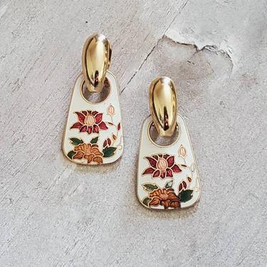 Kamila 80s cloisonne door knocker earrings, rose gold floral dangle earrings, vintage jewelry 