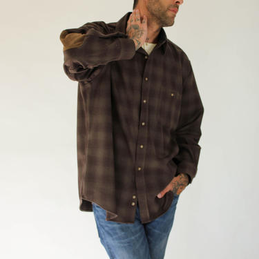 Vintage Pendleton Brown Tonal Plaid Trail Shirt w/ Suede Elbow Pads | USA Made Wool | Designer Chore, Workwear, Rockabilly, Flannel Shirt 