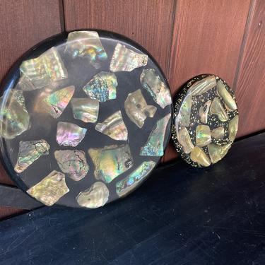 Pair of Mid-Century Mother of Pearl Resin Trivets Vintage 1960s Black Glitter Confetti 