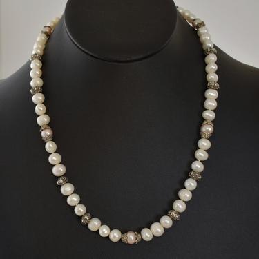 70's sterling pearls edgy elegant necklace, asymmetrical 925 silver pink & white pearls Made in India matinee length necklace 
