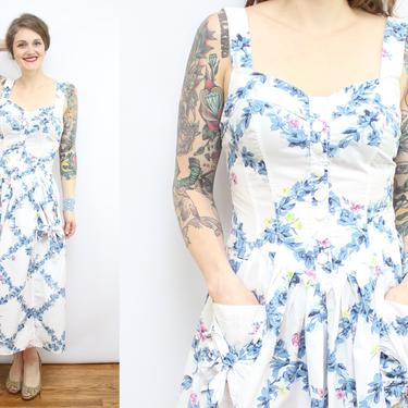 Vintage 80's Does 50's Blue Floral Sundress / 1980's Cotton Sundress with Pockets / Sweetheart Dress / Spring / Women's Size Medium Large by Ru