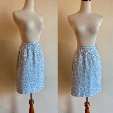 Vintage 60s Skirt, Brocade Skirt, Blue Floral Skirt, 1960s Pencil Skirt, XXS XS 