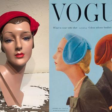 The Blue Hat or the Red - Vintage 1950s Lipstick Red Velvet Caplet Hat w/Gem Detail 