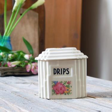 Vintage drips canister / vintage Harker pottery Skyscraper petit point rose canister / Art Deco container / cottage kitchen / retro kitchen 