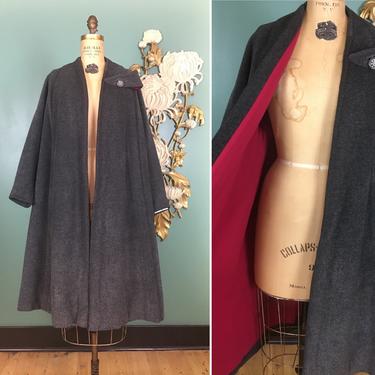 1950s wool coat, charcoal gray, vintage 50s coat, mrs maisel style, magenta lining, size medium, open front, swing coat, cashmere, 36 bust 