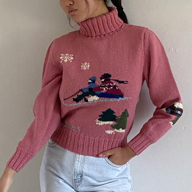80s Ralph Lauren hand knit sweater / vintage Ralph Lauren handknit pink wool winter scenic sledding cropped turtleneck signed sweater | S 