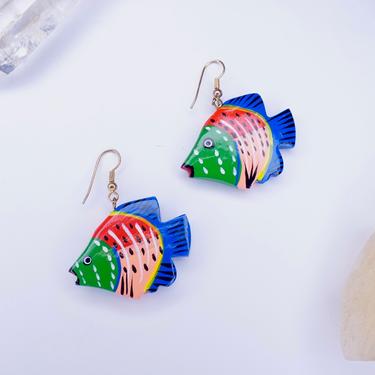 Vintage Wood Carved Fish Earrings, Colorful Painted Wood Dangle Earrings, Handmade Wooden Earrings, Cute Statement Earrings 