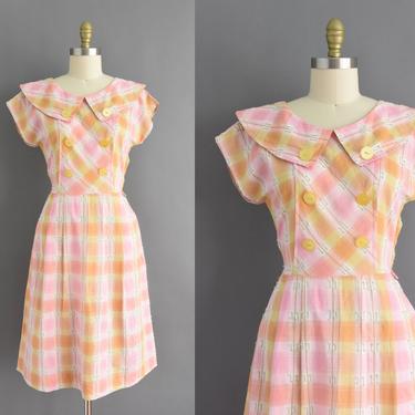 1950s dress - peach pink cotton plaid print short sleeve day dress - Size Large - 50s vintage dress 