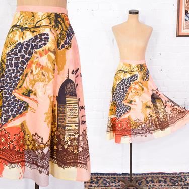 1950s Style Swing Skirt |  50s Orange &amp; Leopard Print Circle Skirt | Richard Malcolm | Large 