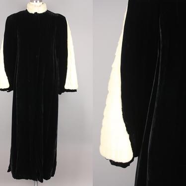 1930s Silk Velvet & Fur Evening Coat · Vintage Black and White Long Coat · Small 