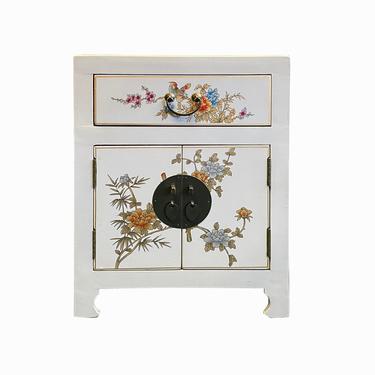 Chinese Off White Vinyl Moon Face End Table Nightstand cs6193E 