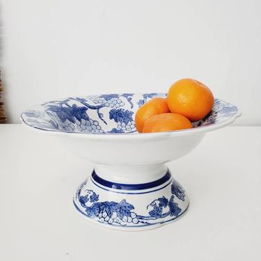 Vintage Blue and White Chinoiserie Pedestal Bowl 