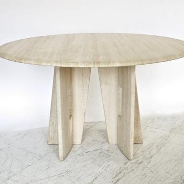 Italian Round Travertine Marble Dining Table with Sculptural Architectural Base