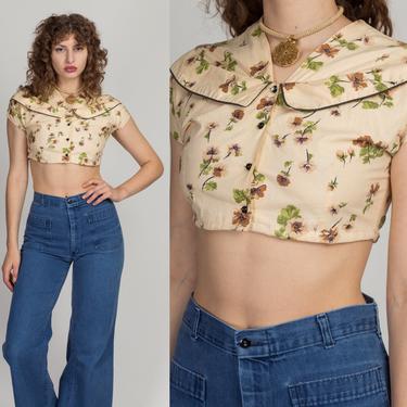 Vintage 1950s Shawl Collar Cropped Blouse - Petite Small | 50s Floral Cream Button Up Crop Top 