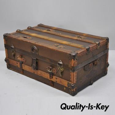 Antique Wood Brown Leather Canvas Trunk Luggage Chest