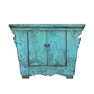 Chinese Rustic Rough Wood Distressed Aqua Blue Side Table Cabinet cs5343E 