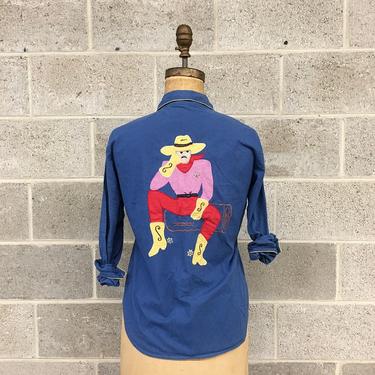 Vintage Buttondown Retro 1990s Cowboy +  Embroidered + Western + Howdy + Shirt + Size Medium + Blue + Cotton + Long Sleeve + Unisex Apparel 