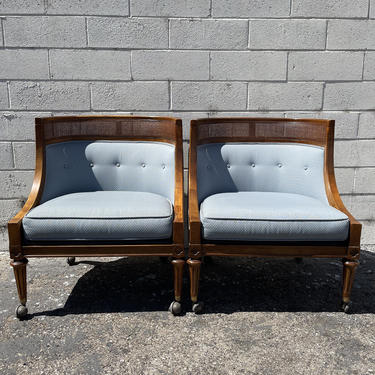 Pair of Chairs Vintage Lounge Armchair Wood Set Seating Slipper Barrel Back French Accent Chic Antique Hollywood Regency Mid Century Modern 