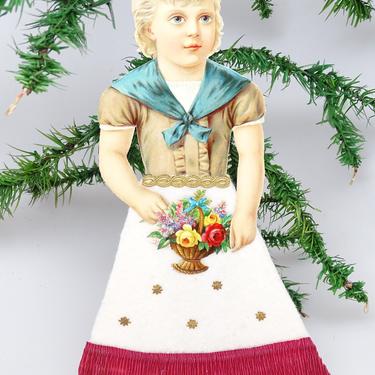 Vintage Large 9 1/2 Inch Victorian Style Die Cut Christmas Scrap Ornament, Girl with Cotton Dress, Gold Dresden Stars 