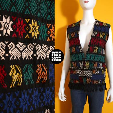 Nice Vintage 70s Black Rainbow Colorful Critters Woven Guatemalan Vest with Fringe 