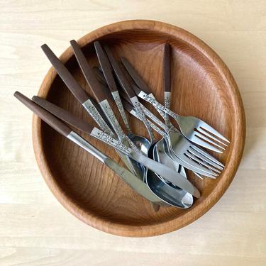 interpur stainless 12 piece set forks, knives, spoons IRNS scroll pattern - brown wood composite handles 
