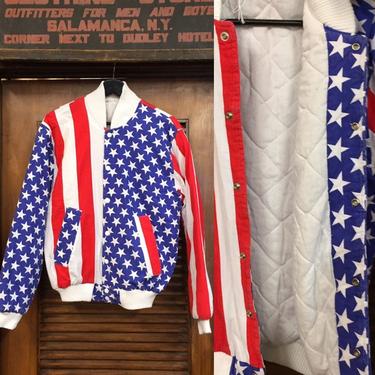 Vintage 1980’s American Flag Quilted Style Bomber Jacket, Fourth of July, Stars And Stripes, USA, Vintage Clothing 