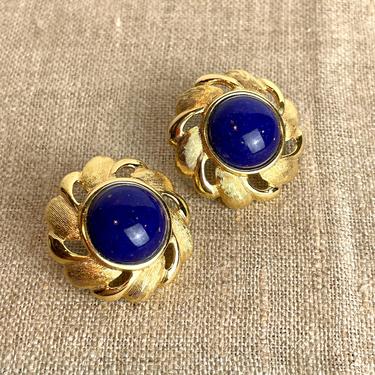 Napier hinged screwback earrings - blue and gold - 1980s vintage 