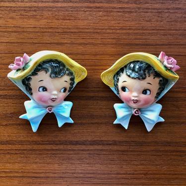 Lefton Miss Dainty Rose Bonnet Wall Pocket Duo  Vintage Ceramic - set of 2 pieces 