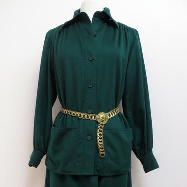 Vintage 1980's Givenchy Emerald Green Wool 2 Piece Oversized Blouson Shirt and Skirt Set I Magnin Medium 