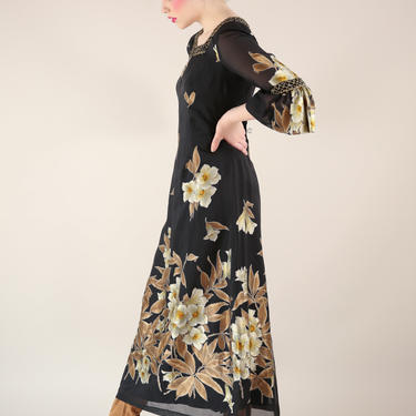 Vtg 60s Black Chiffon Lily Print Maxi Dress With Beaded Boat Neck / Sheer Flare Sleeves / Medium - Large 