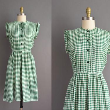 vintage 1950s dress | Green Gingham Cotton Print Day Dress | Large | 50s vintage dress 
