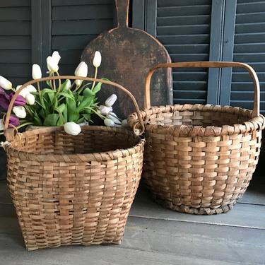 Rustic Willow Basket, Wicker, Bentwood Handle, Slat Basket, Farmhouse, Garden Flower Easter Basket 