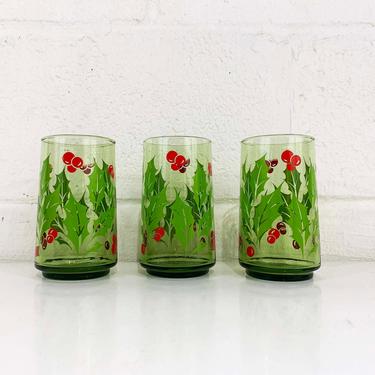 Vintage Holly Leaf Christmas Glasses Mid Century Holiday Season's Greetings Glass Tumbler Barware Cocktail Set Three Red Green 1950s 50s MCM 