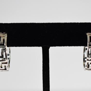 70's sterling Greek Key oval 3/4 hippie hoops, edgy cut out 925 silver geometric tribal post dangle earrings 
