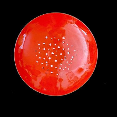 Vintage Large 11 3/8" Modern Red Orange with White Specks Enameled Copper Metal Art Bowl Modernist Enamelware Enamel Art 