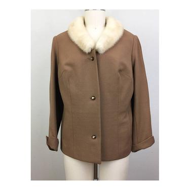 Vintage 60s Brown Camel Wool Crepe Coat w/ Blond Mink Fur Collar Jacket S/M 