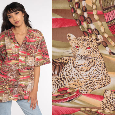 Tiger Shirt Safari Shirt 90s Jungle Animal Blouse Leopard Print Leopard Button Up Party Shirt Short Sleeve Extra Large xl 2xl 