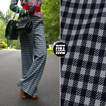 Vintage 70s Black & Gray Houndstooth Plaid Poly Pants 