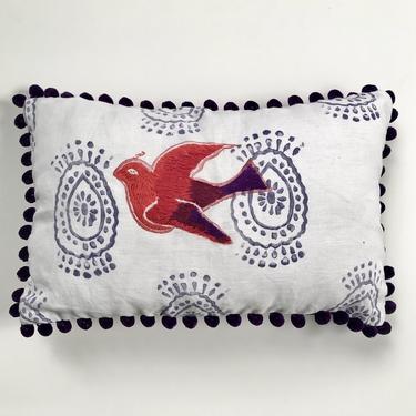 Embroidered Dove Pillow in Red
