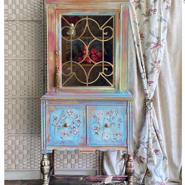 Boho Pastel Cabinet. Aqua Gold Boho chic china cabinet. Antique hutch. Linen cabinet. Entryway cabinet. Antique bookcase. 