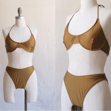 Vintage 90s Olive Green Fredericks of Hollywood Bikini/ 1990s Underwire High Cut Swimsuit/ Size small 
