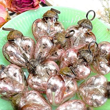 VINTAGE: 5pcs - Small Thick Crackled Mercury Glass Heart Ornaments - Heavy Weight Kugel Style Ornaments - Valentines, Easter, Christmas 