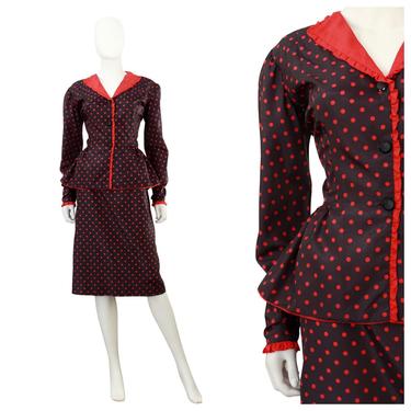 1970s Black & Red Polka Dot Suit with Ruffled Trim - Vintage Black and Red Polka Dot Suit - Vintage Polka Dot Suit | Size Medium 