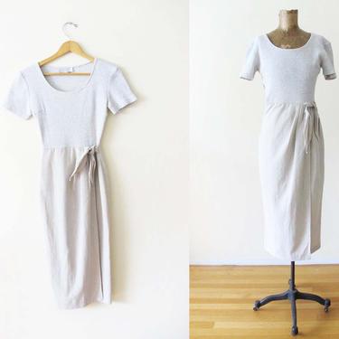 Vintage 90s Dress XS - 90s Linen Dress - Beige Gray 90s Sundress - 90s Minimalist Clothing - Vintage Midi Dress - Wrap Skirt Dress 