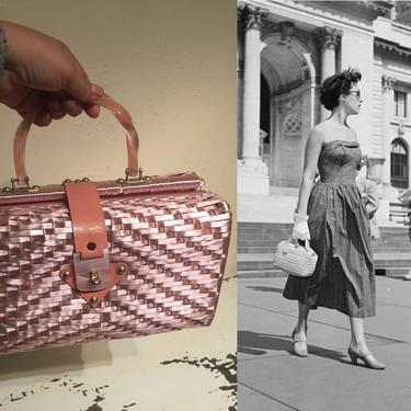 Roma Summer Strolls - Vintage 1950s Pink Pearl Vinyl Straw Woven Handbag Purse 