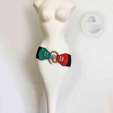 Amazing Vintage 80s Wide Stretch Belt • 1980s Red & Green Suede Leather + Elastic • Huge Oversized Silver Metal Swirl Buckle • Medium Large 