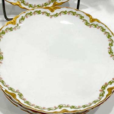 4 Haviland Limoges France Coupe Salad Plate plates in the Clover Leaf Pattern with Pink Flowers and Gold Rims 