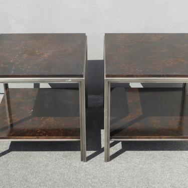 Pair of Ethan Allen Avenue Contemporary Industrial Style Wood &amp; Metal End Tables 