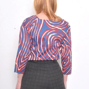 Vintage 80s Designer Psychedelic OP Art Print Cotton Blouse  Size Small by 40KorLess