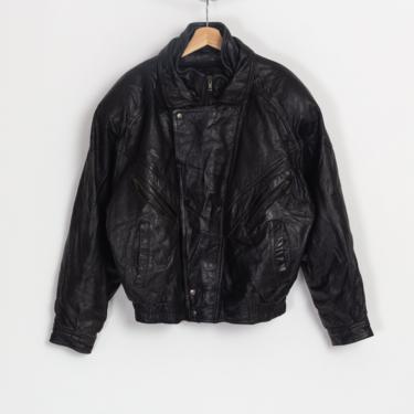 90s Wilsons Black Leather Bomber Jacket - Men's Large | Vintage Zip Up Moto Biker Coat 